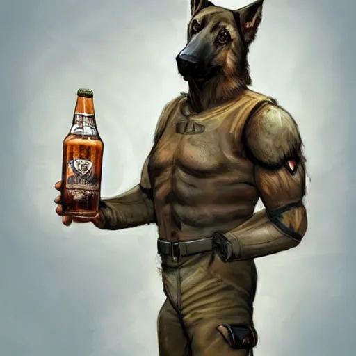 Image similar to a humanoid german shepherd beast - man in military style, holding a bottle of beer, artstation, concept art, smooth, sharp foccus ilustration, artstation