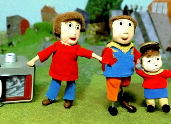 Image similar to a scene from a 1 9 7 0 s british kids tv programme by the bbc and oliver postgate, stop motion animation, postman pat, vhs distortion, cathode ray tube distortion, folk horror, hauntology