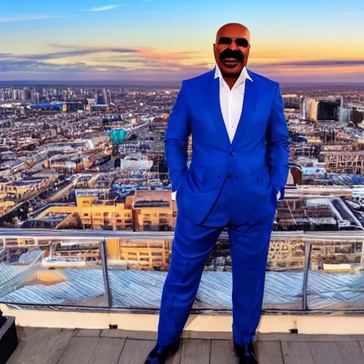 Prompt: Steve Harvey with blue skin, city rooftop at sunset