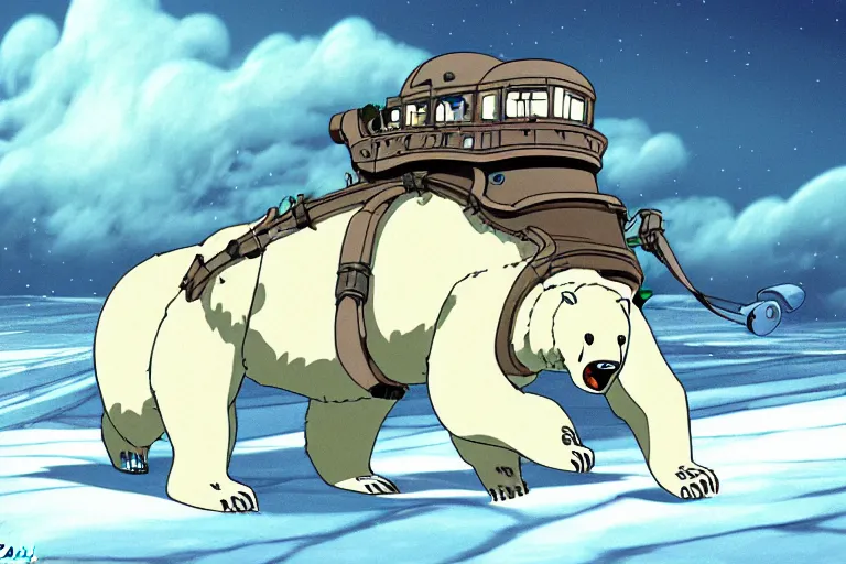 Image similar to cell shaded cartoon of a giant lovecraftian mechanized polar bear from howl's moving castle ( 2 0 0 4 ), on an icy road in the mist, full body, wide shot, very muted colors, post grunge, studio ghibli, highly detailed, deviantart, art by artgem