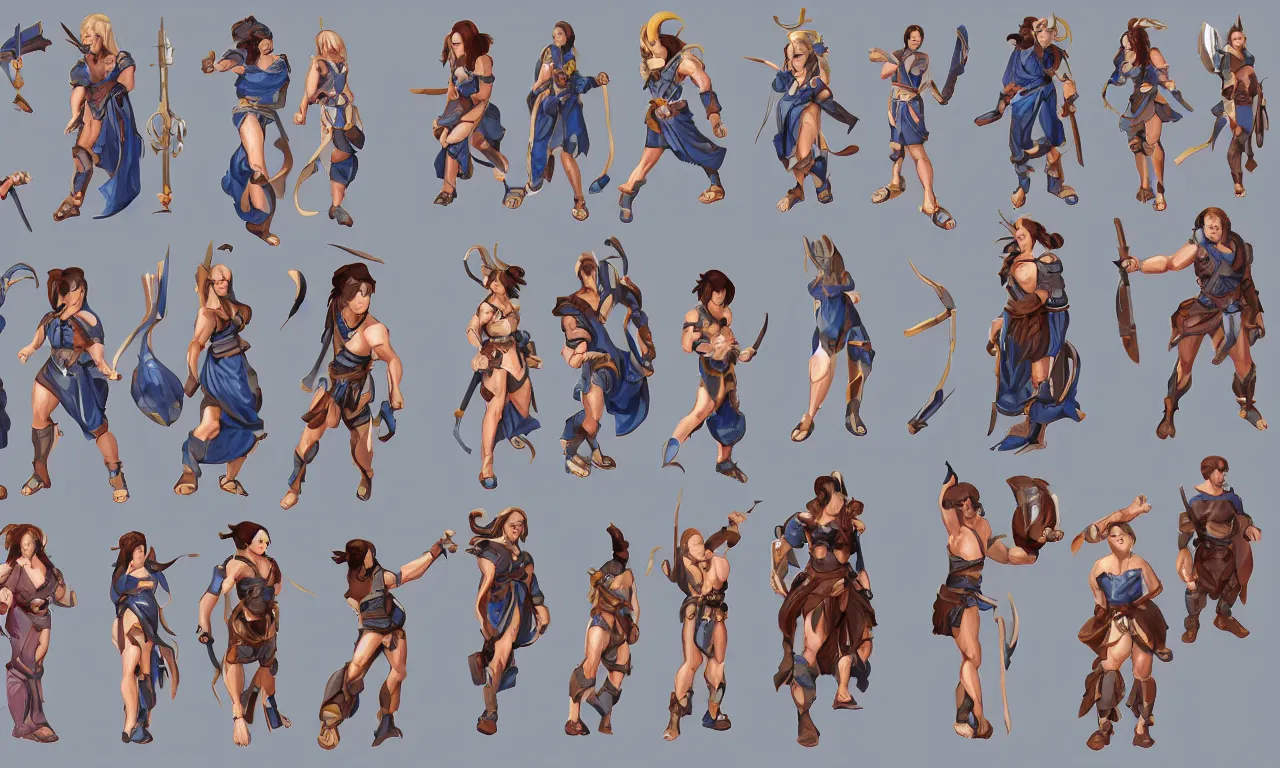 Prompt: game asset sheet, material study, 2 d sprite, chibi jesus and chun - li