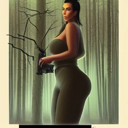 Prompt: kim kardashian as a cop, full body pov, emotional, night time forest with a ufo sitting in the fog, pretty, aesthetic, matte detailed photo, DeviantArt, Artstation, by donato giancola, ralph horley, loish, ufo lighting