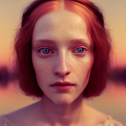 Image similar to photographic portrait of a stunningly beautiful english renaissance female in soft dreamy light at sunset, beside the river, soft focus, contemporary fashion shoot, in a denis villeneuve and tim burton movie, by edward robert hughes, annie leibovitz and steve mccurry, david lazar, jimmy nelsson, extremely detailed, breathtaking, hyperrealistic, perfect face, octane render