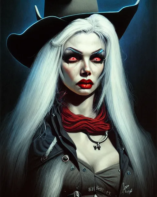 Prompt: ashe from overwatch, cowgirl, black cowboy hat, white hair, character portrait, portrait, close up, concept art, intricate details, highly detailed, horror poster, horror, vintage horror art, realistic, terrifying, in the style of michael whelan, beksinski, and gustave dore