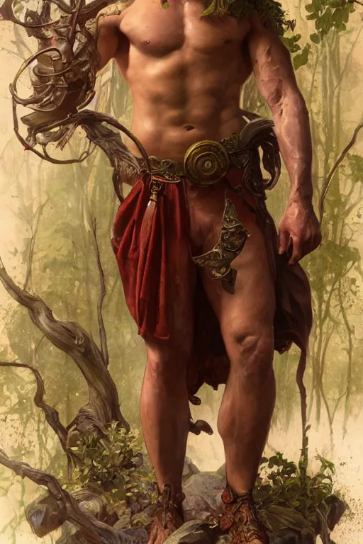 Prompt: portrait of bartelby montclair of dresdin as a herculian man, forest, full body, muscular, fantasy, intricate, elegant, highly detailed, digital painting, artstation, concept art, sharp focus, illustration, art by artgerm and greg rutkowski and alphonse mucha