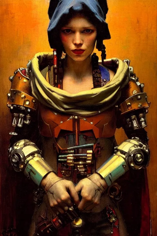 Image similar to full character portrait max mad cyberpunk warhammer 4 0 k, tech priest not the girl with the pearl earring character design, painting by gaston bussiere, katsuya terada, wyeth, greg rutkowski, craig mullins, ( ( ( ( ( vermeer ) ) ) ) ), frank frazetta, mucha, tom of finland, trending on artstation