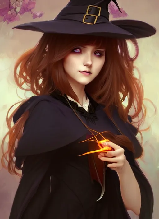 Image similar to attractive adult female witch student, magic university school dress, bangs hairstyle, illustration, highly detailed, digital painting, concept art, matte, art by wlop and artgerm and greg rutkowski and alphonse mucha