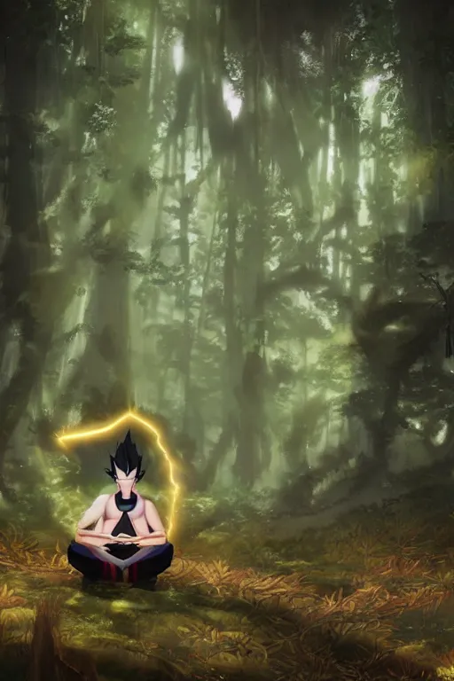 Image similar to photorealistic dark fantasy concept art of Naruto meditating in a forest, dynamic lighting, stunning visuals, realism, cinematic, hyper detailed, ultra detailed, beautiful visuals and sunset