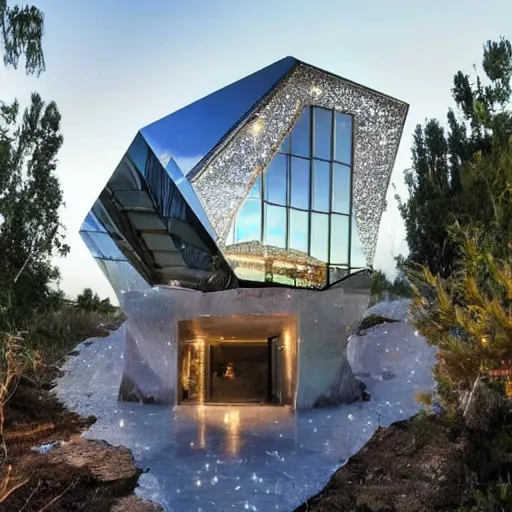 Image similar to a house built entirely from huge diamonds