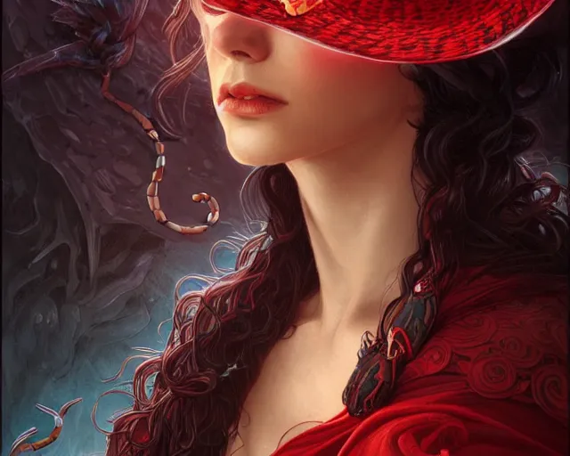 Image similar to red hat wizard woman with snakes in her dark hair, hydra, deep focus, d & d, fantasy, intricate, elegant, highly detailed, digital painting, artstation, concept art, matte, sharp focus, illustration, hearthstone, art by artgerm and greg rutkowski and alphonse mucha