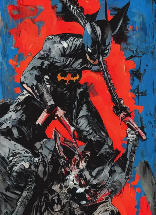 Prompt: batman who laughs ( dc comics ) by ashley wood, yoji shinkawa, jamie hewlett, 6 0's french movie poster, french impressionism, vivid colors, palette knife and brush strokes