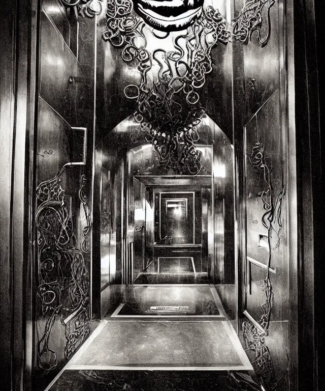 Prompt: horrifying photorealistic image of a 1 9 2 5 hotel elevator lobby, elevator doors look like a mouth, with a tentacle - shaped tongue, licking out, full color, dark, atmospheric, brooding, smooth, finely detailed, cinematic, epic, in the style of lee gibbons