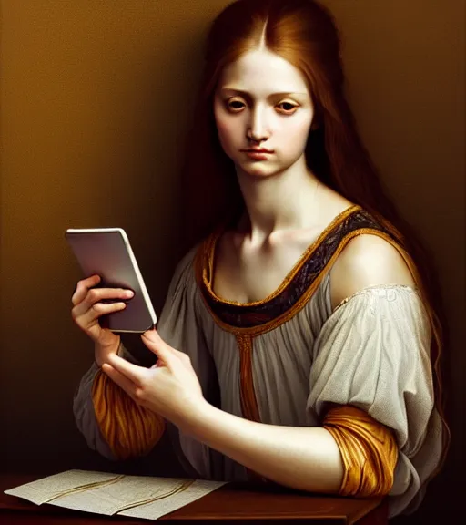 Prompt: portrait of a long - haired woman with a cellphone sitting upon a table with heightened detail, poised, intense emotion, detailed facial expression, detailed surroundings, intricate, elegant, highly detailed, centered, digital painting, artstation, concept art, smooth, sharp focus, illustration, by ( leonardo da vinci ), wlop