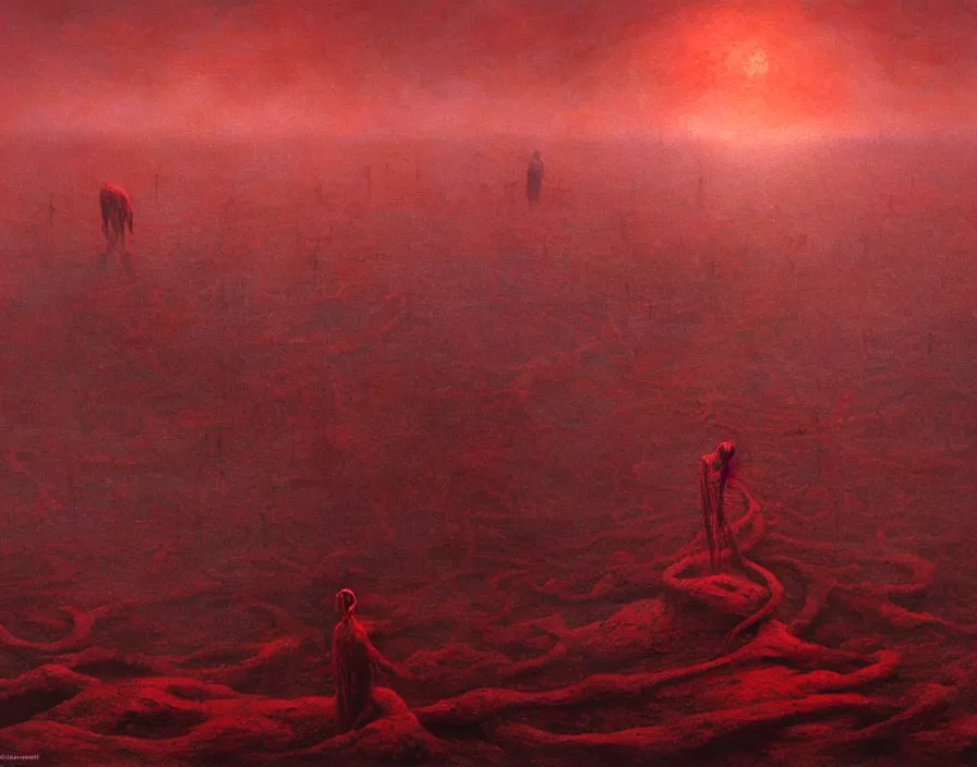 Prompt: A nightmarish hellscape as a result of climate change and corruption by worldwide politicians, by Zdzisław Beksiński and Greg Rutkowski, horror, blood red, cinematic, highly detailed, 8k