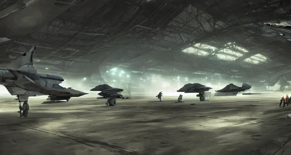 Image similar to photo 5 0 s, inside the hangar of a starship, pilots run towards a fighter craft, in the style of coriolis rpg, realistic, dark sci - fi, by rutkowski, 8 k, artstation