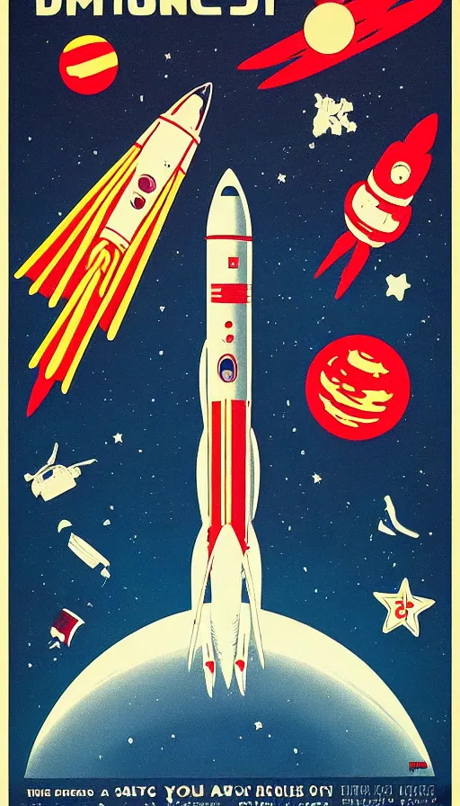 Prompt: retro propaganda poster for space exploration, rocket launching, stars and planets