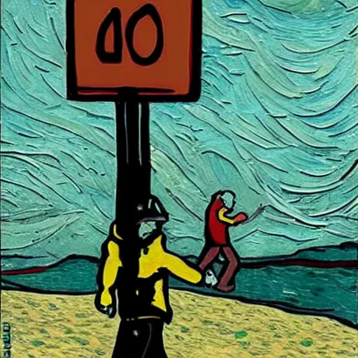 Image similar to guy with black hoodie is chained to a stop traffic sign pole under water. under the sea. trying to get free. van gogh style