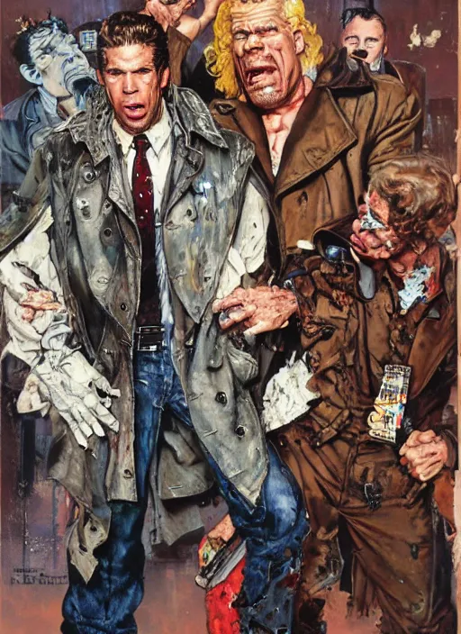 Image similar to full body and head portrait of huge ron perlman in tattered suit and trench coat, dynamic action, painted by norman rockwell and phil hale and greg staples and tom lovell and frank schoonover and jack kirby