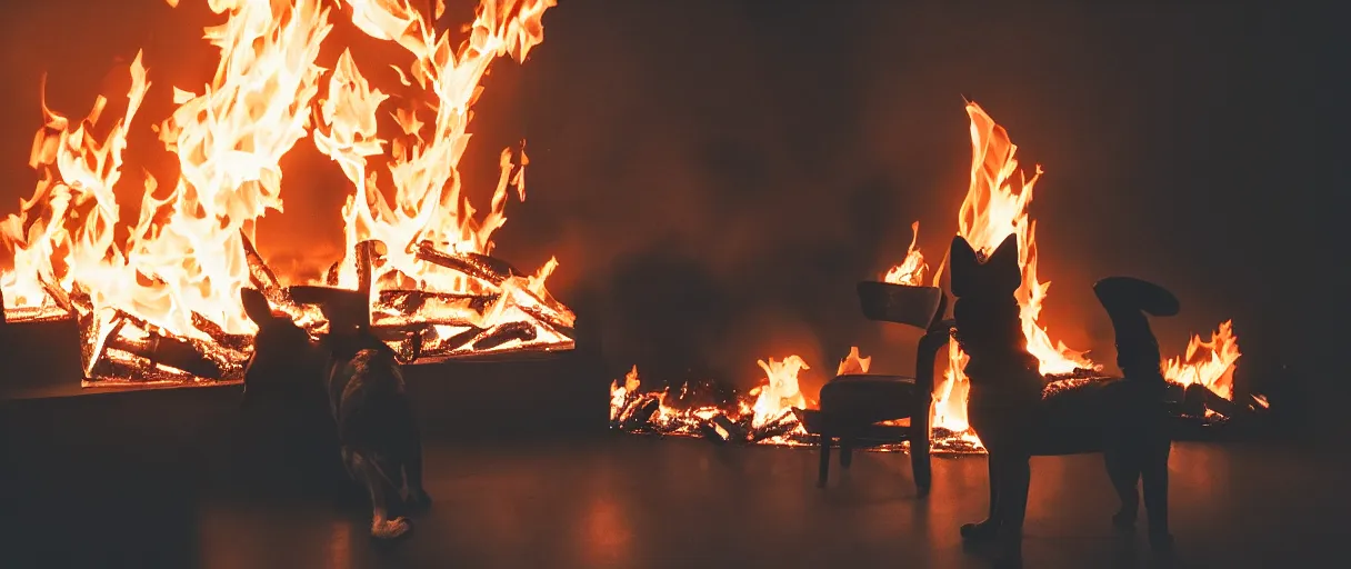 Image similar to a studio photograph (flash on) of a big fire on a dining room on fire, an human-like relaxed dog sitting on a wooden chair at a table (no fire at all there), lights on, ☕ on the table, surrounded by flames, a lot of flames behind the dog, black smoke instead of the ceiling, no watermark