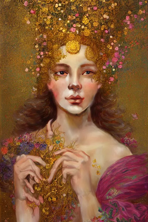 Prompt: an intricate painting of a beautiful young lady surrounded by flowing flower petals covered in silk clothes with klimt golden motives and textures, hyper detailed, ornamental gold headpiece, octane render, vivid colors, artstation, by jeremy mann, by alphonse mucha, by boris vallejo