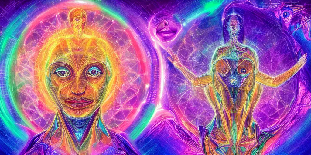 Image similar to ai transcendence into collaborative intelligence, connectedness, body, by alex grey, album cover, award winning, beautiful, colorful, volumetric lighting, trending on artstation