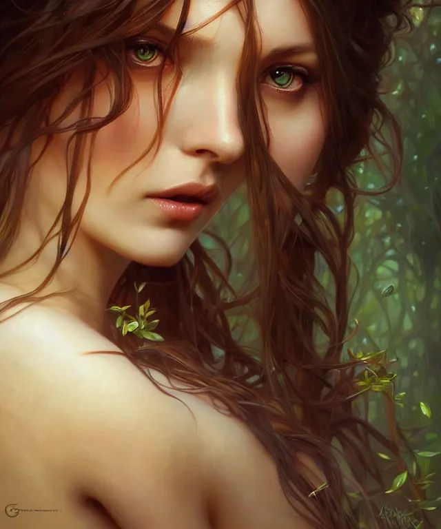 Image similar to Forest nymph woman portrait, amber eyes, face, long hair, fantasy, intricate, elegant, highly detailed, digital painting, artstation, concept art, smooth, sharp focus, illustration, art by artgerm and greg rutkowski and alphonse mucha