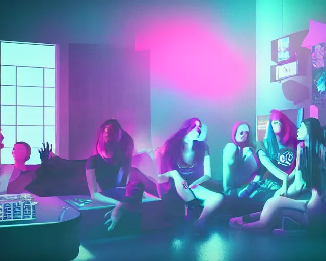 Image similar to a painting of an emo teenager hanging out with her friends at a super cool house party, synthwave, retrowave, synth, volumetric lighting, unreal engine, atmospheric, hip, cool, college party