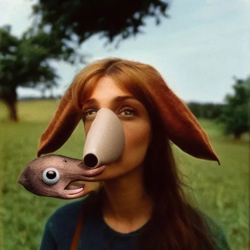 Image similar to beautiful woman with a long snout, wearing eyeballs on her head, in the countryside 1974 arthouse film, archival footage, technicolor film expired film
