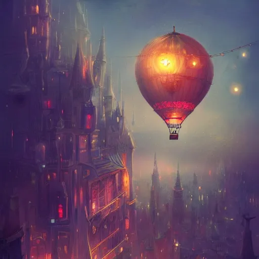 Prompt: a beautiful stunning fantasy whimsical matte digital illustration of a hot - air balloon powered by magic over a lit city at night by marc simonetti, pastel color palette, disney magic the gathering steampunk, chiaroscuro magical bokeh moon stars, trending on artstation hq, masterpiece