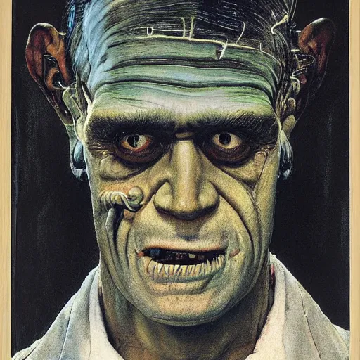 Image similar to Frontal portrait of a frankenstein. A portrait by Norman Rockwell.