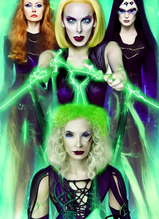 Image similar to futuristic coven of witches led by a beautiful woman with blonde hair who wields green magic