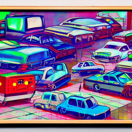 Image similar to array of crt televisions made out of cars, tv static, blob, technology, antenna, stacked, junkyard, polaroid, steroids, adult video store, impressionist painting, painting, acrylic painting, cell shaded