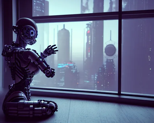 Prompt: armored female with biomechanical cybernetic body is drinking coffee near a window with dystopian city visible outside. very detailed 8 k. cyberpunk fantasy style. unreal engine render. global illumination. nanite. rtx. path tracing.