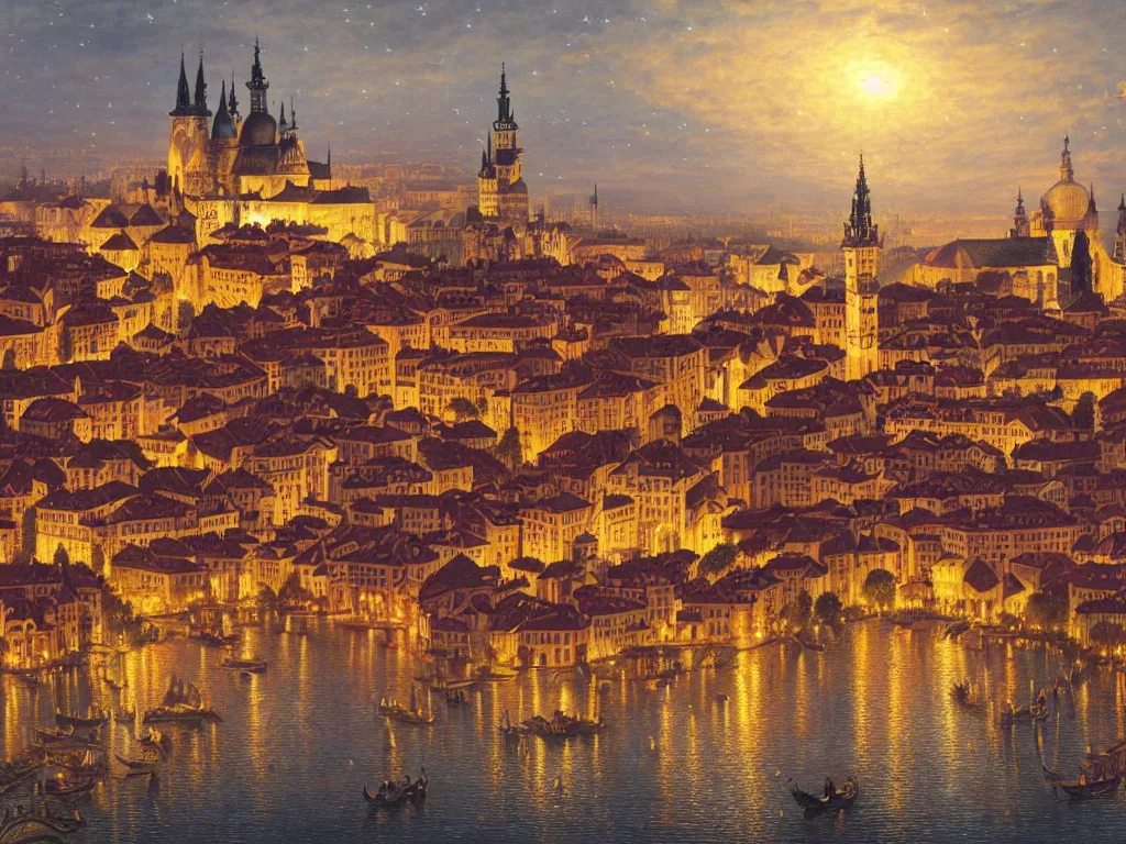 Prompt: a view of an ancient medieval castle city resembling prague castle and venice at night with a sky full of stars, intricate, elegant, highly detailed, digital painting, artstation, concept art, smooth, sharp focus, colored illustration for tattoo, art by thomas kincade and alphonse mucha,