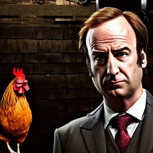 Image similar to saul goodman and a rooster in a medieval torture chamber, saw blades and knives in the background, horror movie, saul goodman, bob odenkirk, rooster!!!!, real life photo, highly detailed face