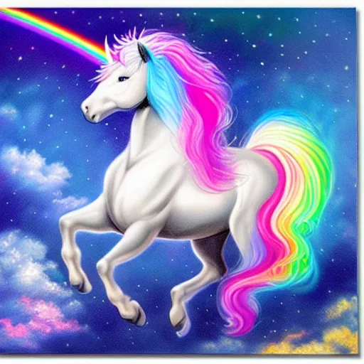 Prompt: luminescent detailed airbrush painting of magical white unicorn with long flowing rainbow colored mane