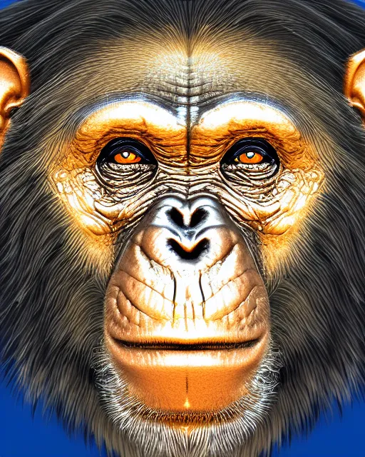 Image similar to gold, blue, illustration of a chimpanzee, 3 d, 8 k, extremely detailed, artstation