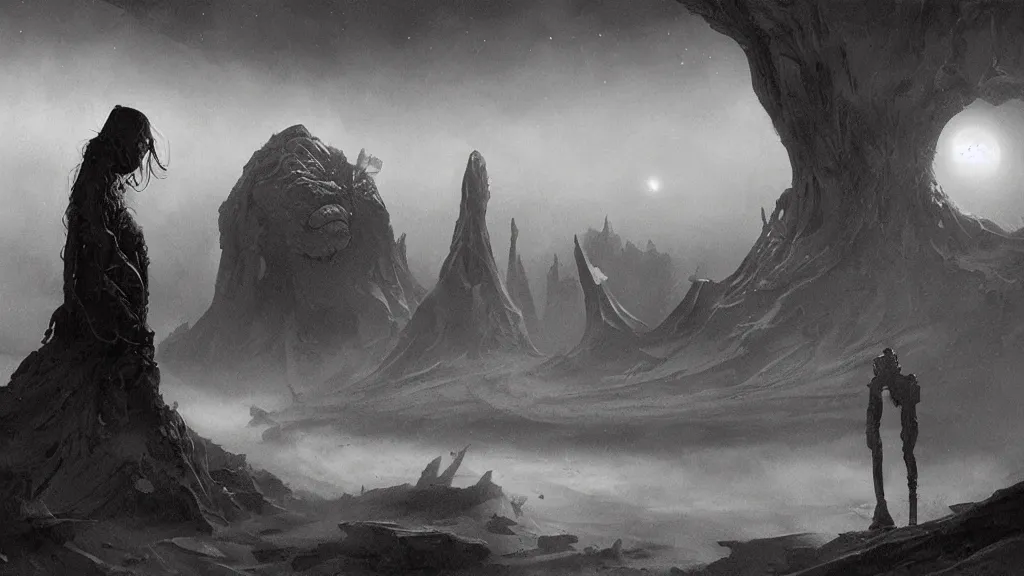 Image similar to eerie atmospheric alien worlds by john schoenherr and glenn barr, epic cinematic matte painting