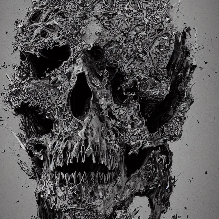 Image similar to portrait of a melting skull. razor sharp teeth. nightmare fuel. intricate abstract. intricate artwork. by Tooth Wu, wlop, beeple, dan mumford. octane render, trending on artstation, greg rutkowski very coherent symmetrical artwork. cinematic, hyper realism, high detail, octane render, 8k, iridescent accents