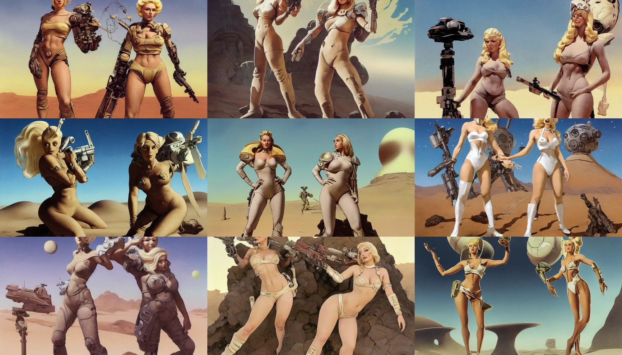 Prompt: A mixed media portrait painting of a beautiful blonde woman posing on a desert alien planet, soldier, very curvy, aesthetic! white atomic-space-age style bikini-armor and boots, aesthetic symmetrical face and eyes, Scandinavian, by Boris Vallejo, Beeple, Frank Frazetta, Greg Rutkowski, Christian MacNevin, Alphonse Mucha, epic fantasy character art, high fantasy, CGsociety, 60's Sci-fi Pinup style, exquisite detail, post-processing, masterpiece, cinematic