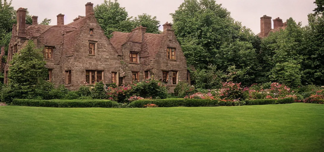 Prompt: scottish blackhouse mansion designed by daniel burnham. outdoor landscaping designed by fredrick law olmsted. fujinon premista 1 9 - 4 5 mm t 2. 9. portra 8 0 0.