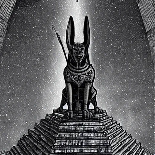 Image similar to Anubis at the top of a pyramid, fisheye lens, gerald brom