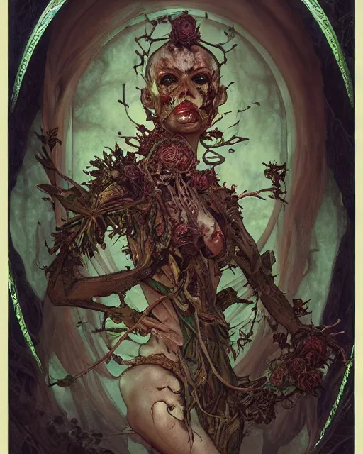 Prompt: perfectly centered portrait front view of a angry dead rotten beautiful female corpse growing ornamentation all around, ornate, ornaments, detailed, symmetrical, elegant, beautifully soft lit, by wayne barlowe, peter mohrbacher, kelly mckernan, alphonse mucha