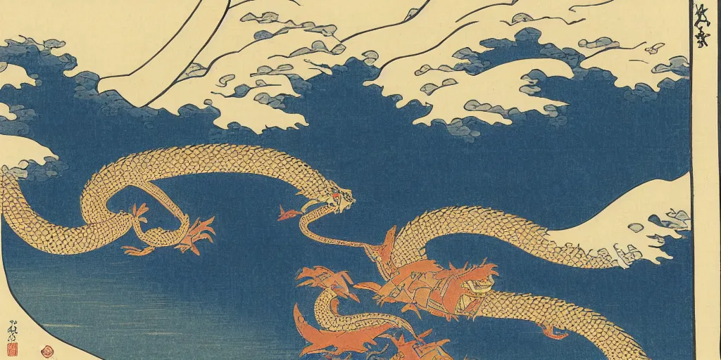 Prompt: ukiyo - e woodblock print of a water dragon flying over a shinto shrine, by hokusai