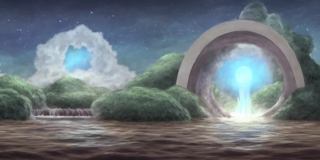 Prompt: a cell - shaded studio ghibli concept art study of a portal in the air over a flooded desert on a misty starry night. a waterfall is flowing out of the portal. very dull colors, hd, 4 k, hq