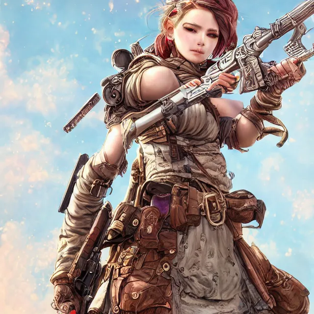 Image similar to the portrait of lawful neutral semi - colorful female infantry gunner as absurdly beautiful, gorgeous, elegant, young gravure idol, an ultrafine hyperdetailed illustration by kim jung gi, irakli nadar, intricate linework, bright colors, octopath traveler, final fantasy, unreal engine 5 highly rendered, global illumination, radiant light, detailed and intricate environment