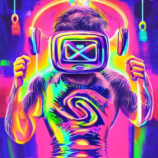 Image similar to wrestlers wearing vr headsets, vr goggles, shrugging, shrugging arms, intricate complexity, inverted neon rainbow drip paint, trending on art station, digital illustration by matthew skiff