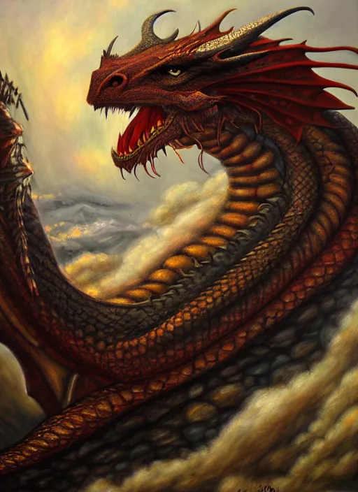 Image similar to portrait of a dragon dreaming of sheep, deviantart oil painting, award winning, highly detailed painting