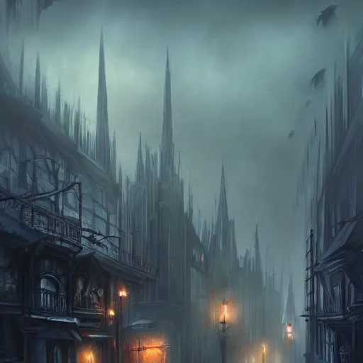 Image similar to fantasty dark vampire cityscape, painting, lights in the dark, lanterns, fog, people in the streets, sharp roofs, smoke, dark fantasy, magic the gathering, fantastic artwork, 4 k, trending on artstation, by greg rutkovski, high fantasy, barren landscape