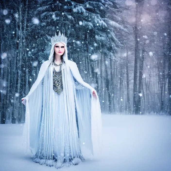 Image similar to photograph of a real-life beautiful ice queen with ornate cloak and crown in an ethereal snowy landscape. Extremely detailed. 8k